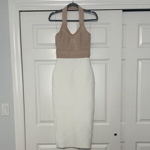 Elegant Beige and White Halter Top Sleeveless Dress